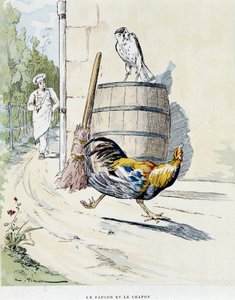 Falken og kaponen i "" fabler i La Fontaine, ill. af Auguste Vimar (1851-1916), Tours, at A, Mame & Son