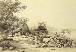 House Boats on the Bay of Cowloon, plade 6 fra Sketches of China, indgraveret af Eugene Ciceri (1813-90) 1842 (tonet litho) af Auguste after Borget