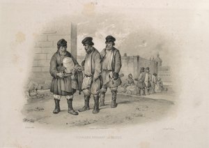 Bygherrer drikker Sbiten Fra: The Construction of the Saint Isaacs Cathedral, 1845 af Auguste de Montferrand
