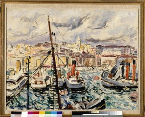 Slæbebåde i havnen i Marseille (maleri) af Augustin Carrera