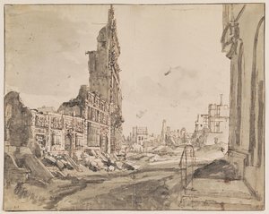 Vu over nordøst og nordvest hjørnerne af Grand Place efter bombardementet i 1695 af Augustin Coppens