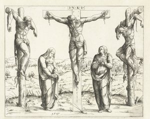 Kristus på korset og Maria og Johannes Korsfæstelse Gamle og Nye Testamentes konkordans (serietitel) Concordants alt und news Testaments (serietitel) af Augustin Hirschvogel