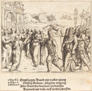 David bliver budt velkommen efter at have dræbt Goliat og Sauls jalousi, 1547. af Augustin Hirschvogel
