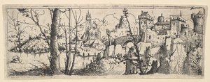 Landskab med fort og en kirke ved en flod, 1545. af Augustin Hirschvogel