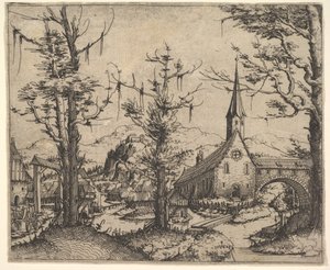 Landskab med fire træer og en kirke til højre, 1545. af Augustin Hirschvogel