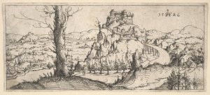 Landskab med høje klipper og fæstninger, 1546. af Augustin Hirschvogel