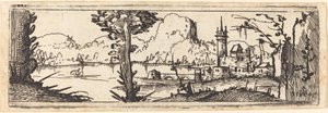 Landskab med sø og by, 1545. af Augustin Hirschvogel