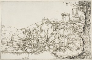 Landskab med flod, by og slot af Augustin Hirschvogel