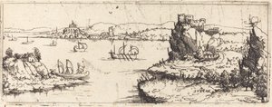 Landskab med sejlbåde [bundplade], 1546. af Augustin Hirschvogel