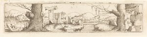Landskab med en bæk og ruiner, 1545. af Augustin Hirschvogel