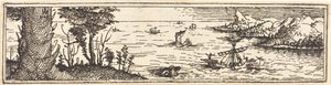 Landskab med sø og sejlskibe, 1545. af Augustin Hirschvogel
