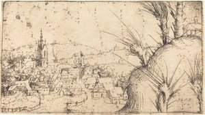 Landskab med en by til venstre, 1549. af Augustin Hirschvogel