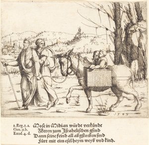 Moses vender tilbage til Egypten fra Midjan, 1549. af Augustin Hirschvogel