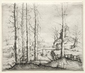 Flodlandskab med fem bare grantræer i forgrunden, 1549.