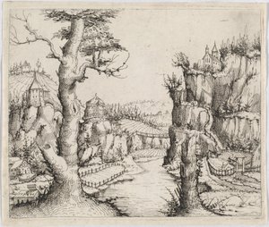 Flodlandskab med høje klipper, 1546. af Augustin Hirschvogel