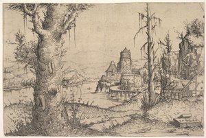 Flodlandskab med stort træ til venstre, 1546. af Augustin Hirschvogel