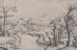 Flodlandskab med tre nøgne piletræer til højre og en lang snoet træbro ved ..., 1546. af Augustin Hirschvogel