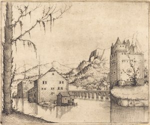 Flodlandskab med to bygninger, 1545. af Augustin Hirschvogel
