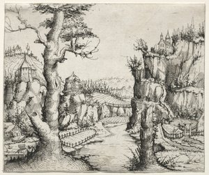 Flodlandskab med klipper til venstre og til højre, 1546. af Augustin Hirschvogel