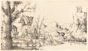 Flodlandskab med Kristi fristelse, 1545. af Augustin Hirschvogel