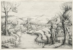 Flodlandskab med tre nøgne piletræer til højre og en lang snoet træbro..., 1546. af Augustin Hirschvogel