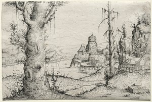 Flodlandskab med stort træ til venstre, 1546. af Augustin Hirschvogel