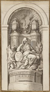 Studie til et begravelsesmonument, 1750 (sort kridt, kuglepen og brun blæk, brune og grå vaske, hvid forhøjning på to sammenføjede ark) af Augustin Pajou