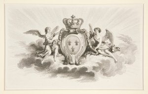 Royal Crest with Fleurs de Lis Flankeret af engle, reproduktion fra det 19. århundrede af Augustin de Saint Aubin