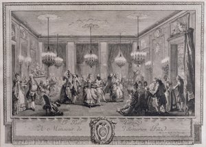 Aftenkjolebal i Monsieur de Villemorien Filas hus, indgraveret af L. Provost (se også 55452)