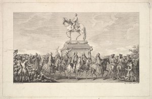 Indvielsen af Statuen af Louis XV, Vignette på side 1, fra Description des Trava..., 1766. af Augustin de Saint Aubin