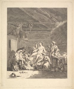 Vignette af første bind, side 165: Brug af russerne efter ægteskabet og før brylluppet..., 1767. af Augustin de Saint Aubin
