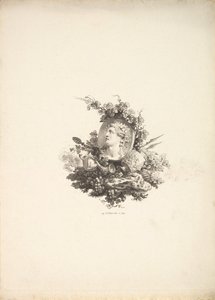 Vignette med Bacchus-hovedet på en Cornelianer, Tome I, Side 242, fra Beskrivelse de..., 1778-80. af Augustin de Saint Aubin