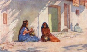 Biskra, Oulid-Nail Kvinder laver hennavask (farvelitografi)