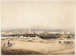 Sir Charles Napier i forgrunden efterfulgt af hans eskorte af Scinde-hesten, Hyderabad, ca. 1850 (farve litho) af Augustine Fitzgerald