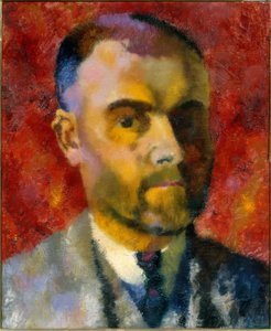 Selvportræt af Augusto Giacometti mod en rød baggrund