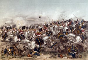 Slaget ved Balaclava. Brilliant charge of the Scots Greys, 25. oktober 1854, graveret af Augustus Butler, udgivet af Stannard and Dixon, London, 6. januar 1855