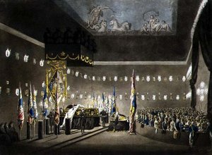 Rester af Lord Viscount Nelson, der ligger i staten i Painted Chamber på Greenwich Hospital, indgraveret af J. Merigot, pub. 1806 (farvegravering) af Augustus Charles (after) Pugin