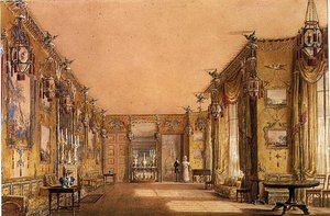 Interiør af den gule tegnestue i Brighton Pavilion, ca. 1820 (akvarel og gouache på papir) af Augustus Charles Pugin