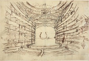 Studie for Opera House, fra Microcosm of London af Augustus Charles Pugin