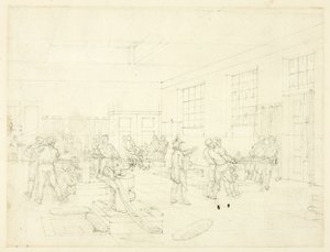Studie til The Mint, fra Microcosm of London (recto); Skitse af gårdsplads (verso) af Augustus Charles Pugin