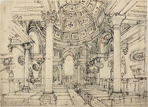 Studie for Walbrook Church (recto); Skitser af sejlbåde, mænd og joller (verso) af Augustus Charles Pugin