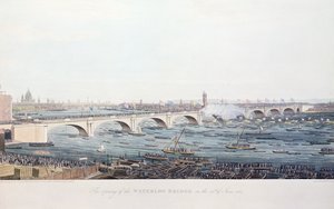 Åbningen af Waterloo-broen den 18. juni 1817, ætset af A. Pugin efter en tegning af W. Findlater, indgraveret af R. Havell und Son, 1818 (farvestik) af Augustus Charles Pugin