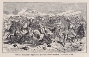 Østrigske kanoner erobret af preussisk kavaleri i slaget ved Skalitz, Bøhmen, østrigsk-preussiske krig af Augustus J. Beck