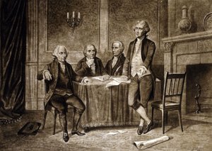 Lederne af den kontinentale kongres i 1775: John Adams, Robert Morris, Alexander Hamilton, Thomas Jefferson, tegning af Augustus Tholey (1894) af Augustus Tholey