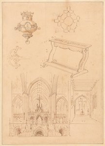 Design til gotisk udsmykning, en knæler og to skitser af det indre af gotiske kirker af Augustus Welby Northmore Pugin