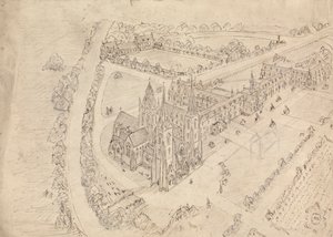 Skitse af en gotisk kirke og et kloster af Augustus Welby Northmore Pugin