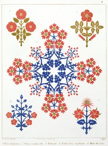 Tapetdesign af viol, iris og tulipaner, trykt af M. und N. Hanhart