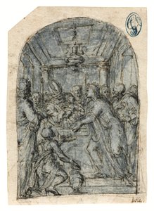 Præsentationen i templet (kridt med pen og blæk, lavering og hvid forhøjning på papir) af Aurelio (attr. to) Luini