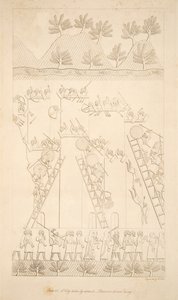 En by, der er blevet angrebet - Fanger drevet væk, fra monumenter i Nineveh, pub. 1849 af Austen Henry Layard