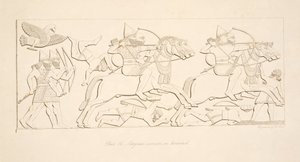Assyriske krigere til hest, fra Monuments of Nineveh, pub. 1849 af Austen Henry Layard